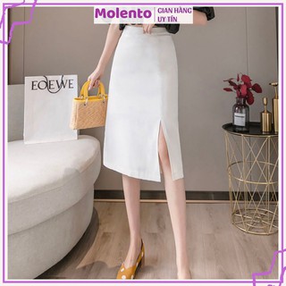 Chân váy xẻ tà Molento chân váy chữ a dài qua gối xẻ trước cá tính phong cách Hàn Quốc hai màu trắng, đen - M25