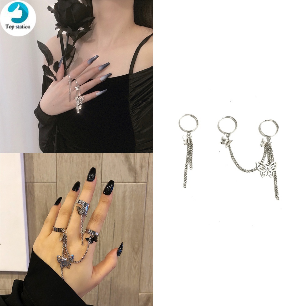 Set 2 Nhẫn Dạng Mở Hình Bướm Phối Dây Xích Có Thể Điều Chỉnh Phong Cách Cổ Điển Cho Nam Và Nữ