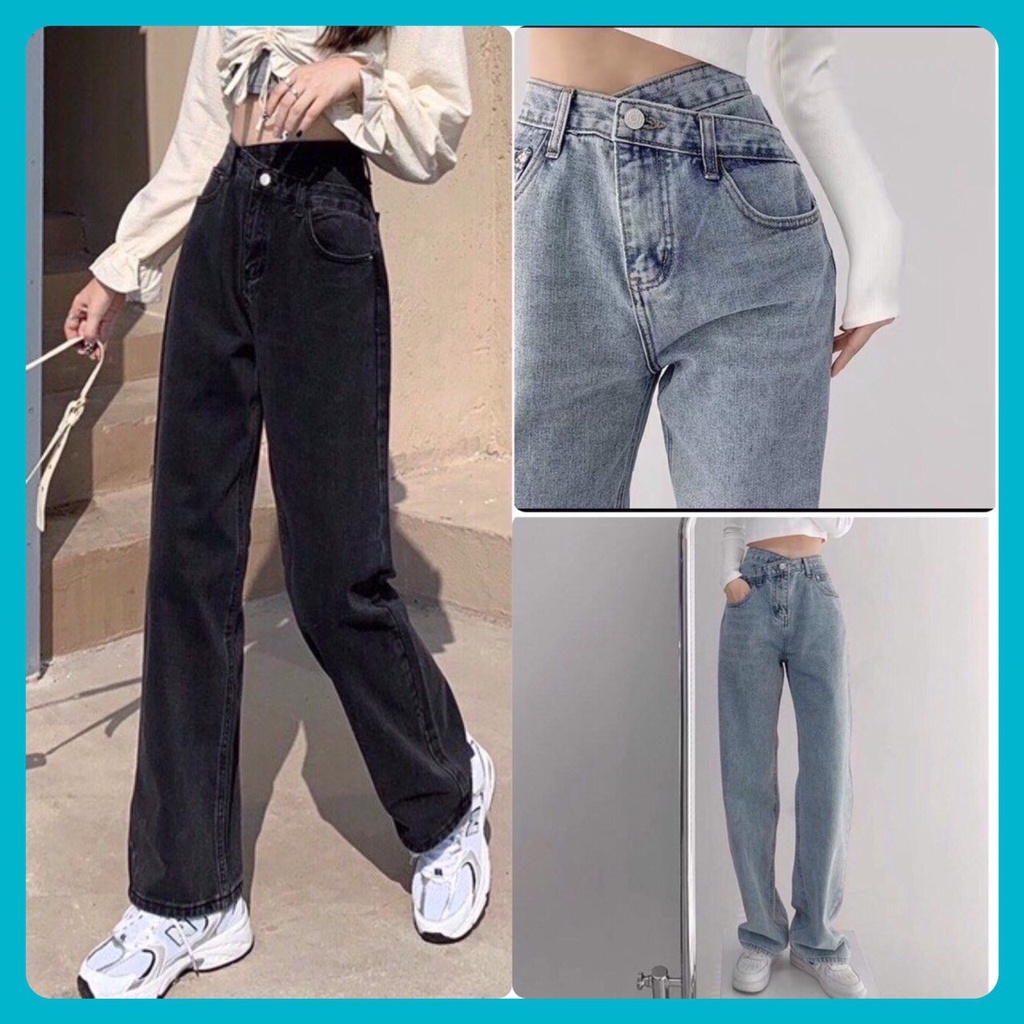 Quần jean nữ ống suông rộng cạp lưng cao đai chéo kiểu hot trend - DT Fashion
