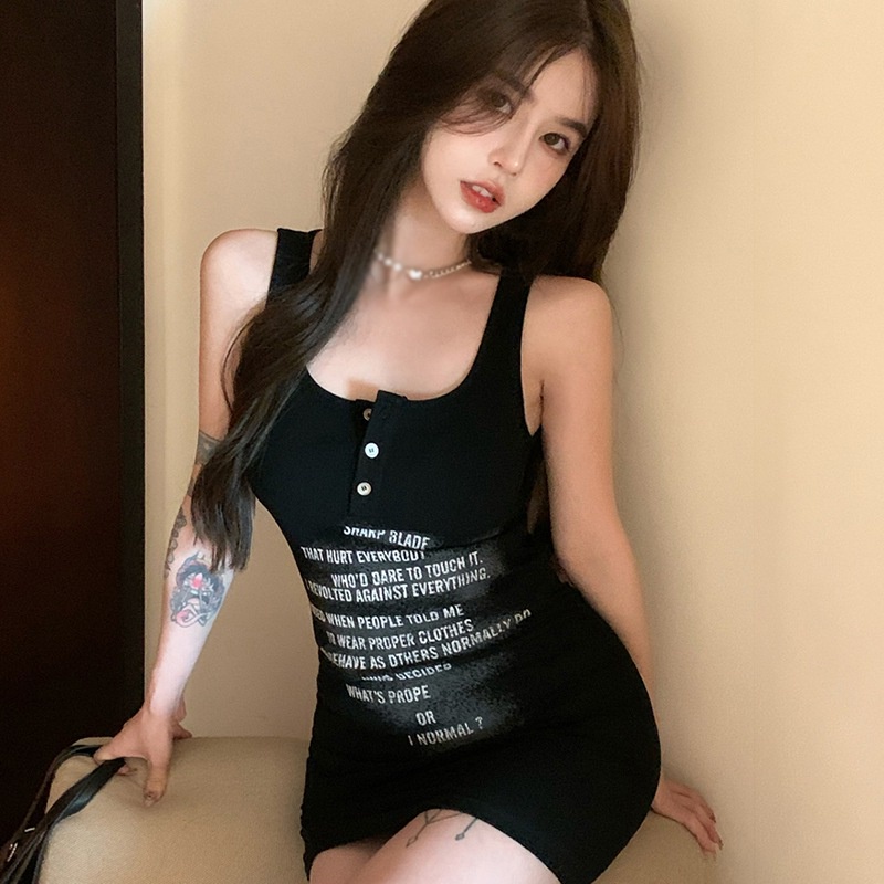 Đầm Sát Nách Cổ Tròn Hoạ Tiết Chữ In Phong Cách Hàn Quốc