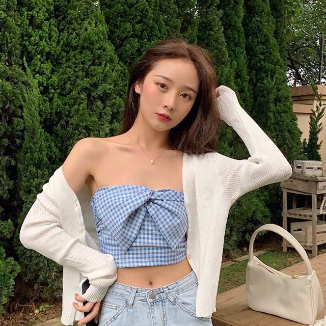 [ORDER] Áo ống croptop màu xanh có nơ trước ngực | BigBuy360 - bigbuy360.vn