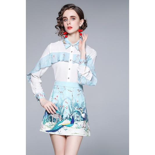 Set Áo Thun Tay Dài In Hình Chim Công + Quần Dài Cho Nữ