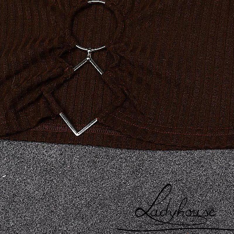 Áo Crop Top Tay Dài Cổ Chữ V Màu Trơn Phối Vòng Kim Loại Màu Trắng / Nâu Size S / M / L