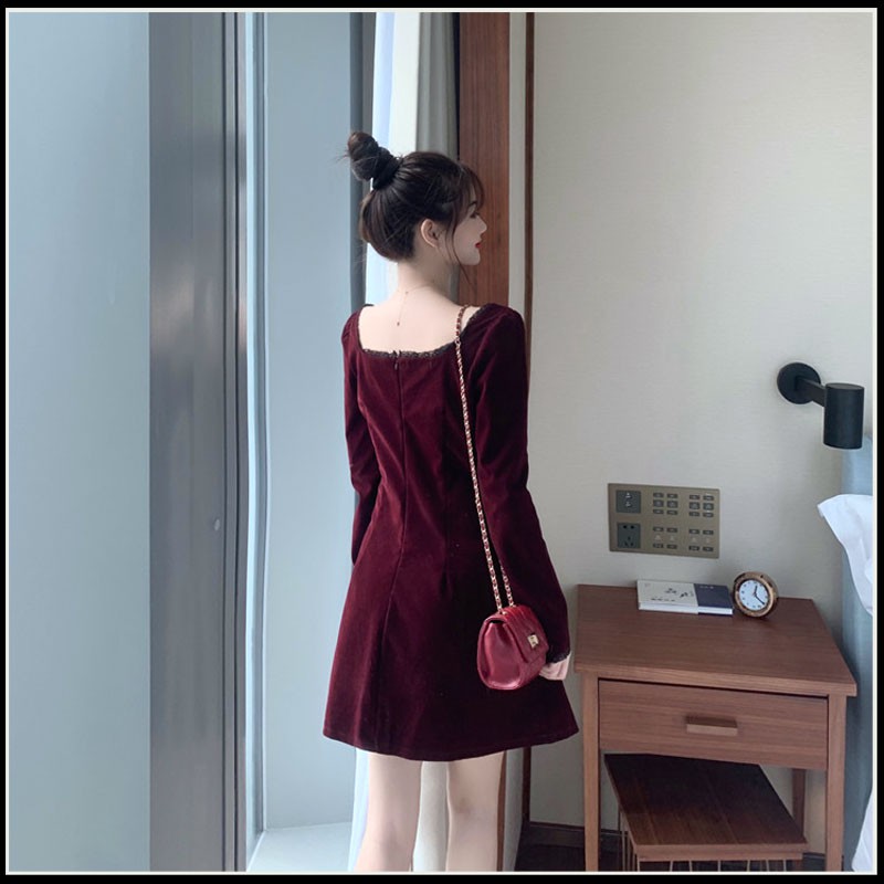 Váy nữ đẹp💔FREESHIP💔Đầm xinh cổ vuông phối ren chất liệu nhung đỏ trẻ trung