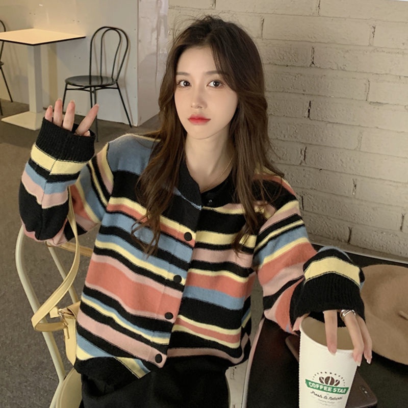 Áo Khoác Cardigan Dệt Kim Mỏng Họa Tiết Kẻ Sọc Màu Cầu Vồng Phong Cách Pháp Thời Trang Xuân Thu Mới Cho Nữ