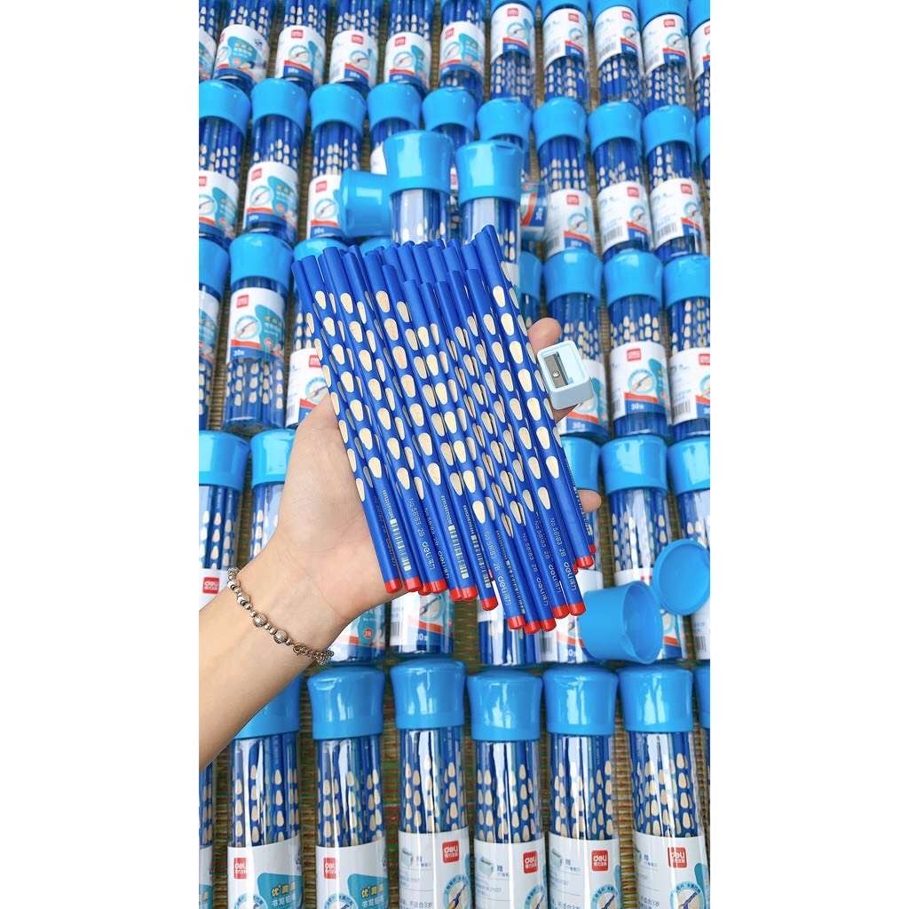 HỘP 30 CHIẾC BÚT CHÌ DELI CÓ RÃNH ĐỊNH VỊ CHO BÉ TẬP CẦM BÚT 2B Bút chì Deli 2B mềm ít gẫy cho học sinh tặng kèm - K17