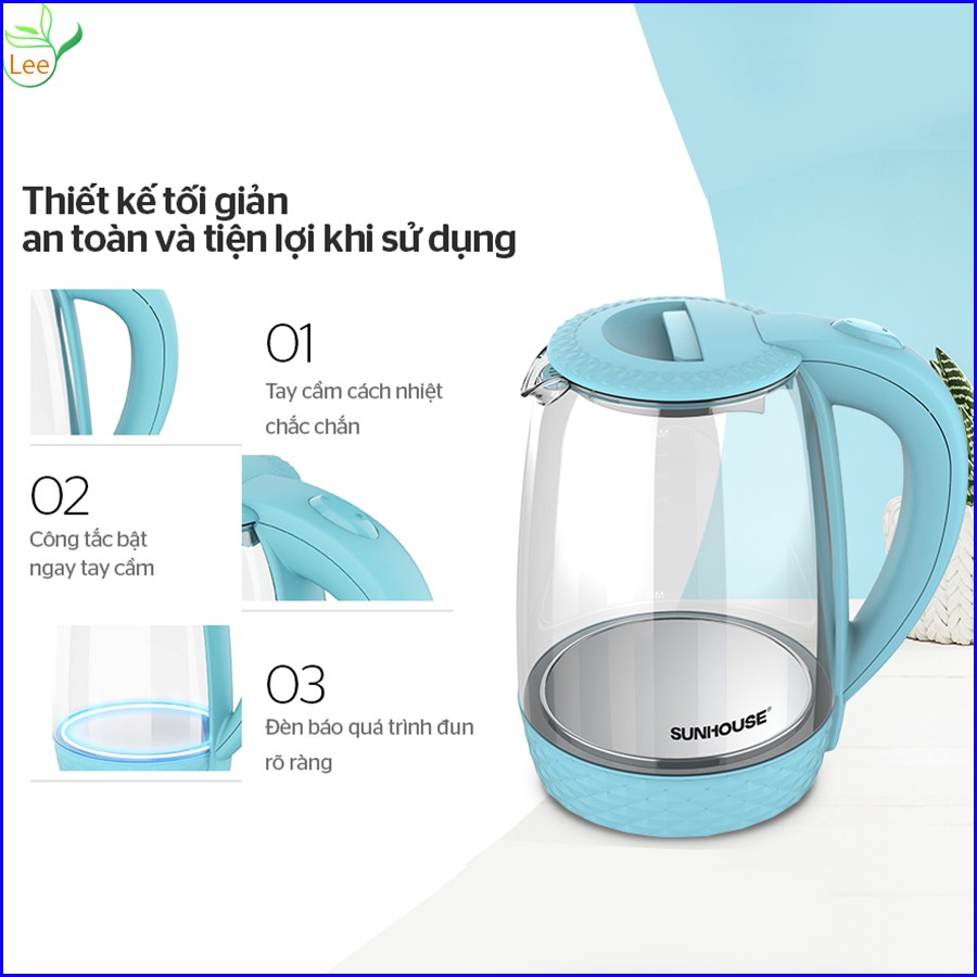 {CHÍNH HÃNG] Bình đun nước siêu tốc 4.0/ 1L8 thủy tinh trong suốt Sunhouse SHD1215