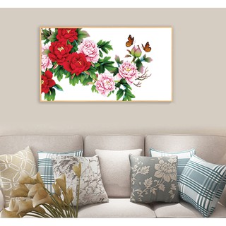 Tranh canvas treo tường 8 hoa mẫu đơn khổ ngang nền trắng - 70 x 40 cm