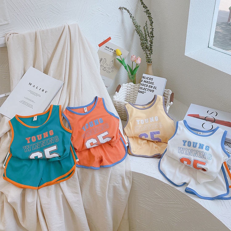 Set Đồ Thể Thao Gồm Áo Ba Lỗ In Họa Tiết Kỹ Thuật Số + Quần Ngắn Phong Cách Hàn Quốc Mới Cho Bé