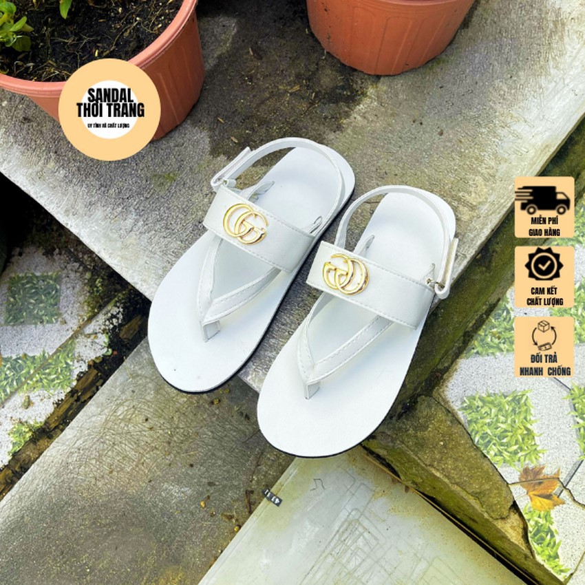 Dép quai hậu nữ nam, SANDALTHOITRANG Sandal nữ đi học quai chữ T GG Full Trắng size 30-44