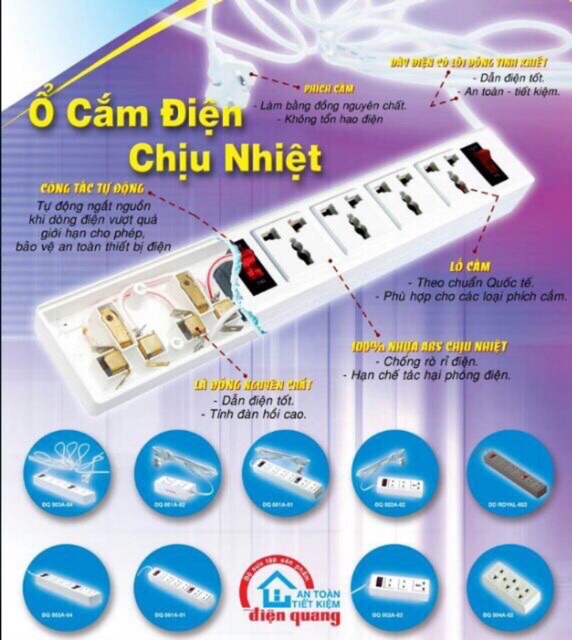 Ổ cắm chịu nhiệt Điện Quang  dài 6 lỗ, 2 công tắc 2m, 5m - hàng chính hãng