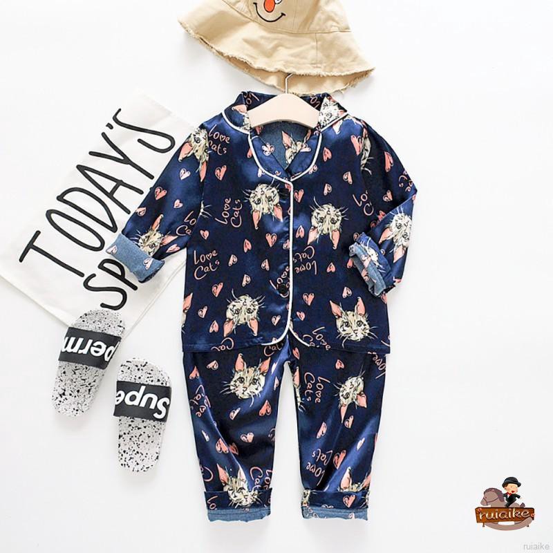 Bộ Đồ Ngủ Pijama Dài Tay In Hình Mèo Hoạt Hình Cho Bé