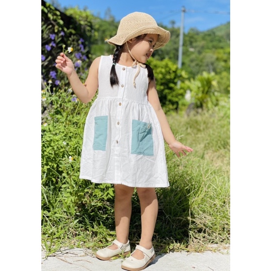 Đầm cho bé gái Linen siêu xinh túi trước 2 bên, váy bé gái 1 2 3 4 5 6 7 8 9 tuổi thời trang thiết kế trẻ em Chut Baby