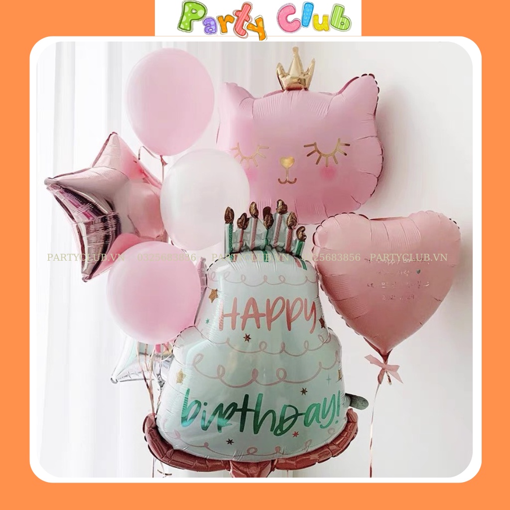 Bóng bánh kem Happy Birth Day màu trắng vintage trang trí sinh nhật