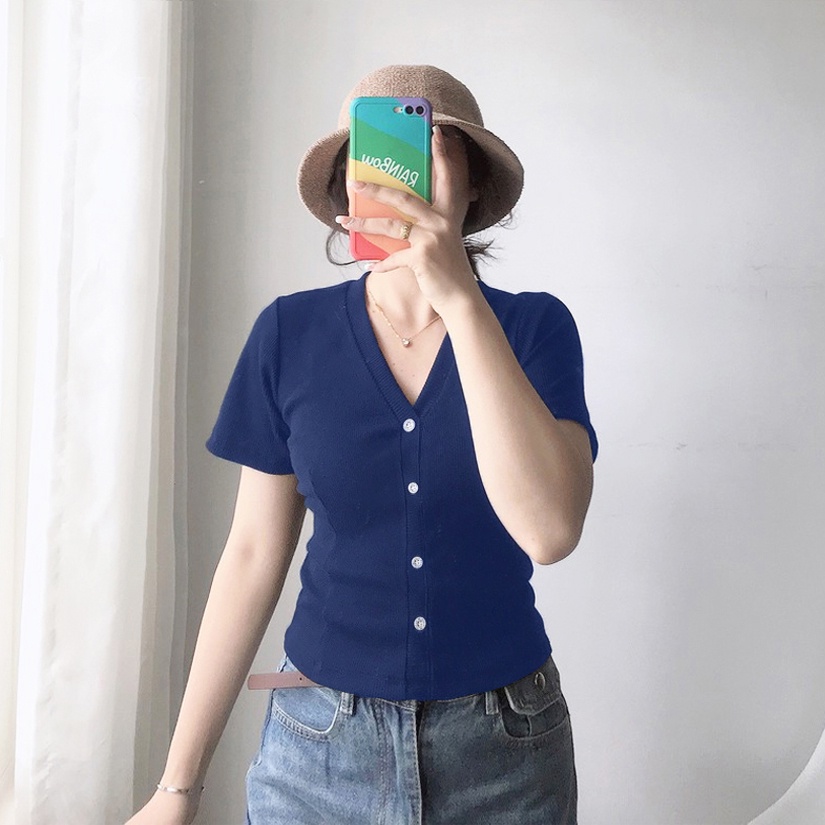 Áo thun gân tăm cổ chữ V nữ tay ngắn MADELA dáng ôm có bigsiz, croptop thun cổ tim dày dặn siêu tôn dáng có bigsize&lt;65kg
