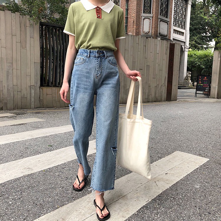 Quần jeans nữ ống rộng suông cạp cao Emilyshop phong cách ulzzang