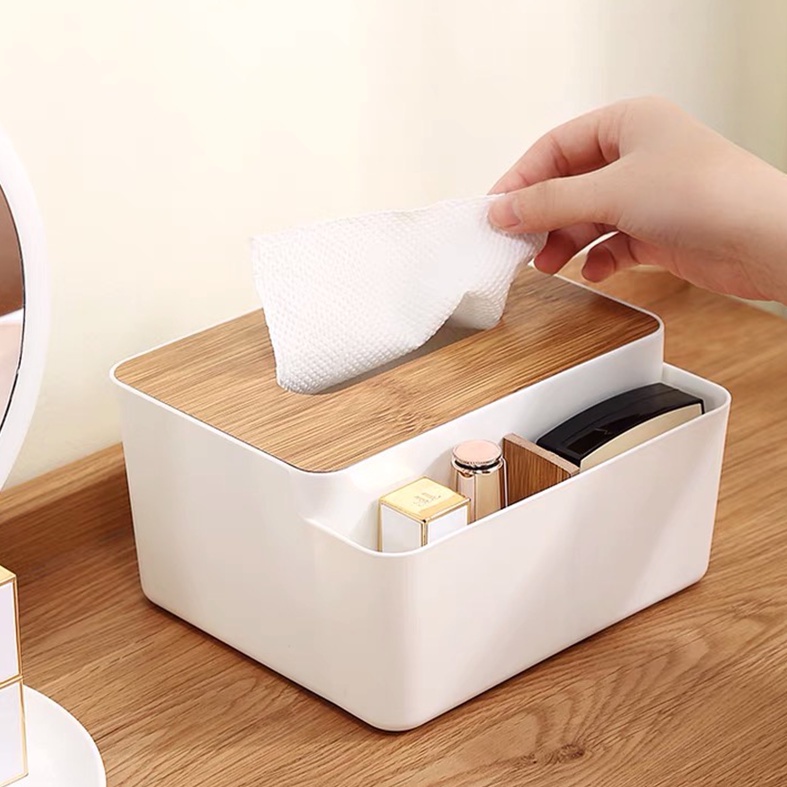 Hộp đựng giấy ăn nắp gỗ 2 tầng có ngăn để đồ tiện lợi