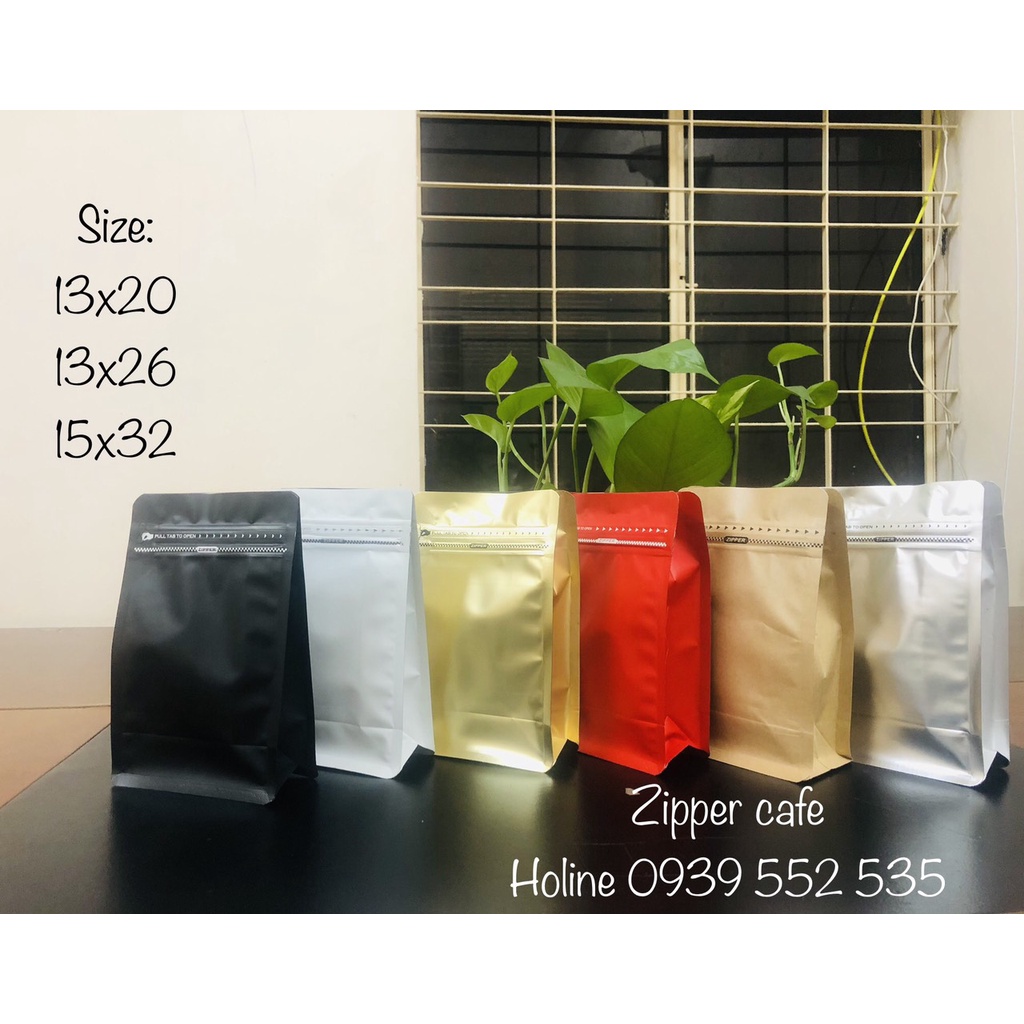 Túi zipper 8 cạnh đáy vuông đựng cafe- màu đỏ- màu đen - màu trắng, Bạc, Đồng