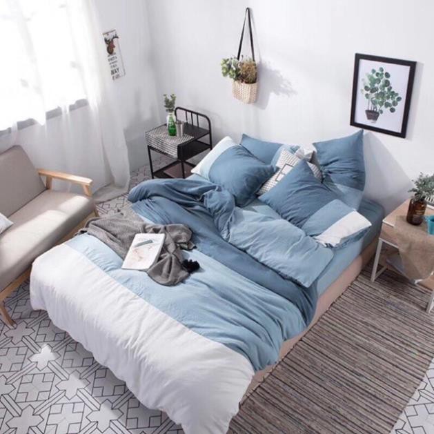 Bộ Drap & Chăn Phao Cotton Đũi Xanh Dương Phối 2020 ( Ưu Đãi Quà Tặng )
