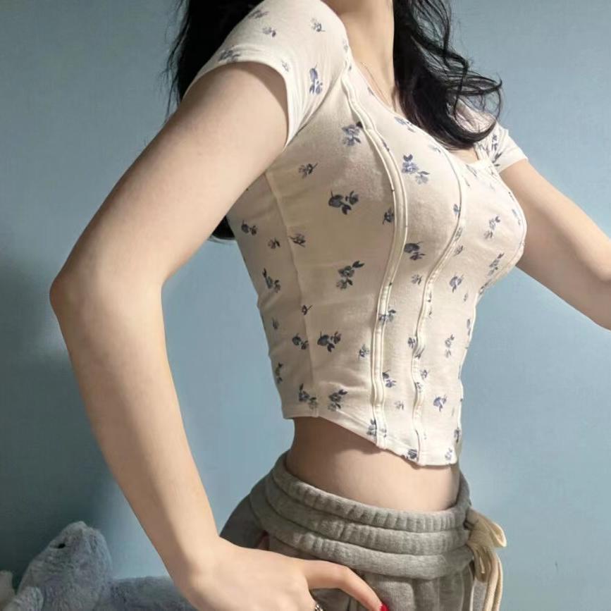 Áo Sơ Mi Nữ Ngắn Tay Họa Tiết Xương Cá Và Hoa Phong Cách Mỹ Mới