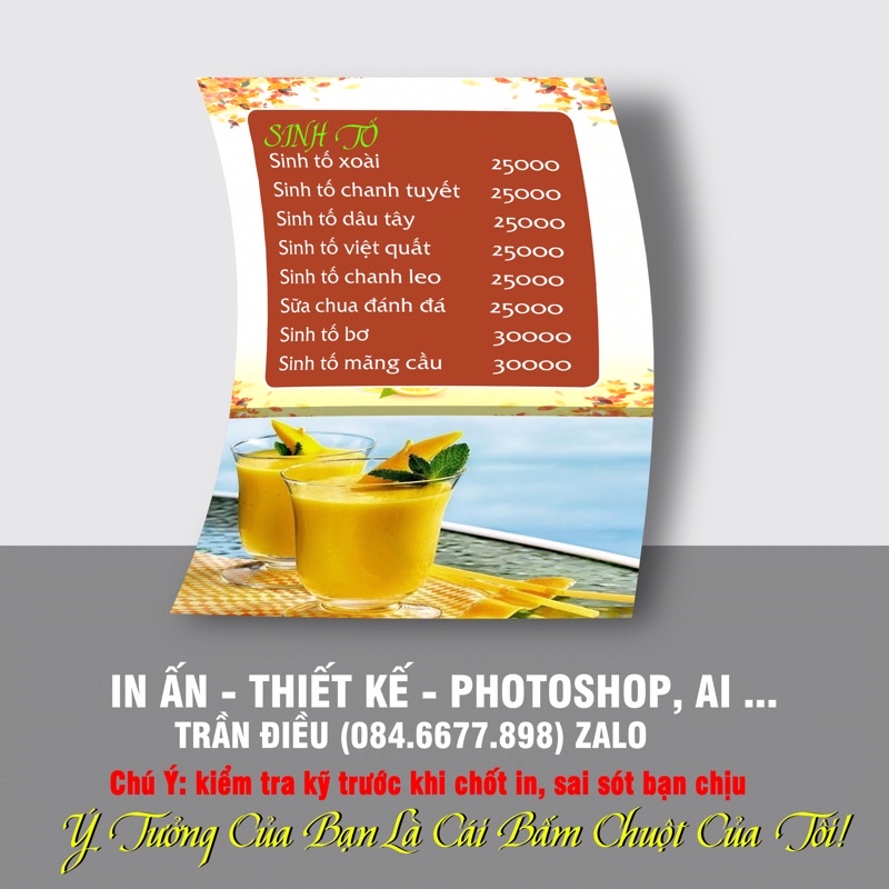 Menu Bảng giá  mika đứng A4, thiết kế và in theo yêu cầu