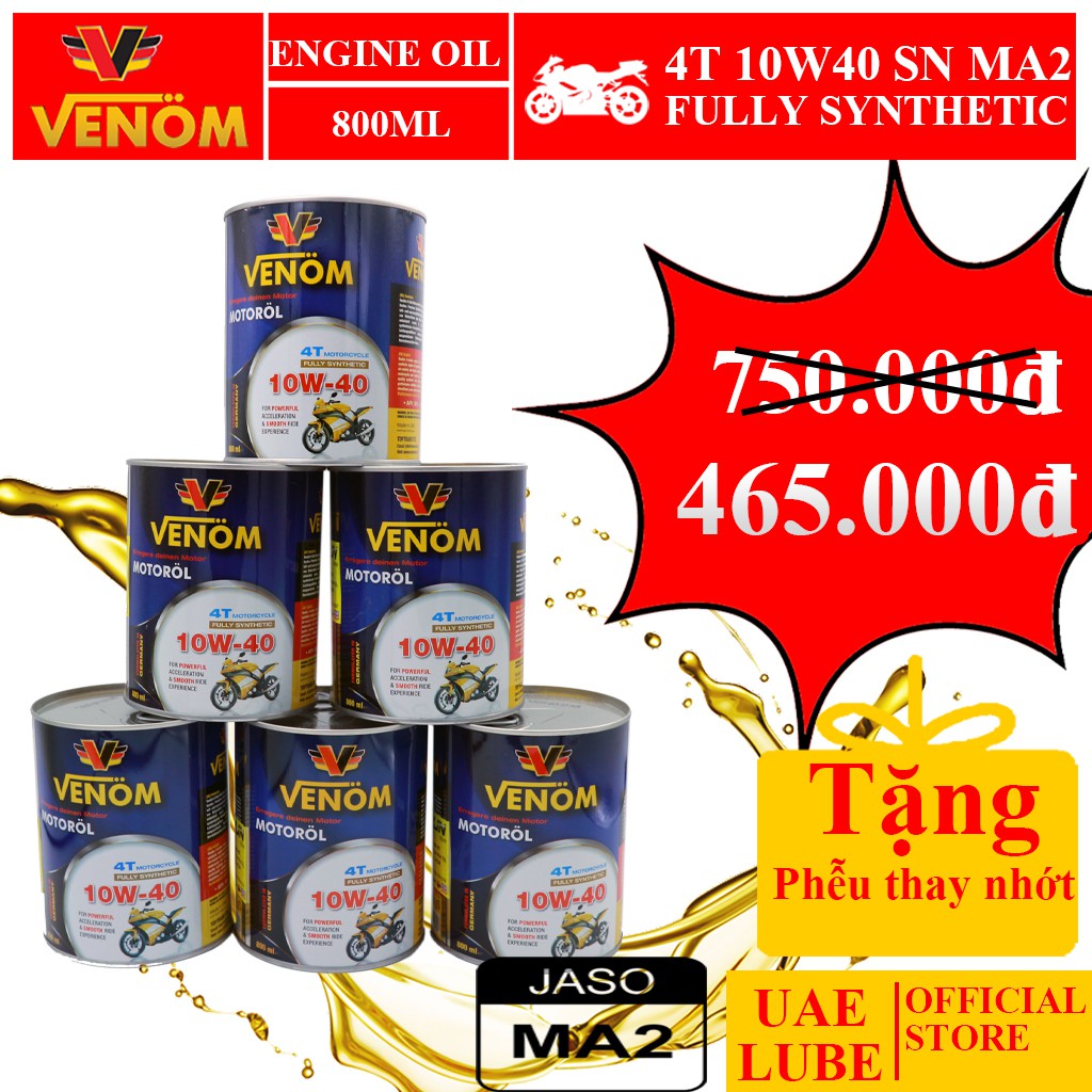 Combo 6 Lon Nhớt Tổng Hợp VENOM 4T MOTOCYCLE 10W40 SN 800ml - VENOM 4T MOTOCYCLE FULLY SYNTHETIC - Made in UAE