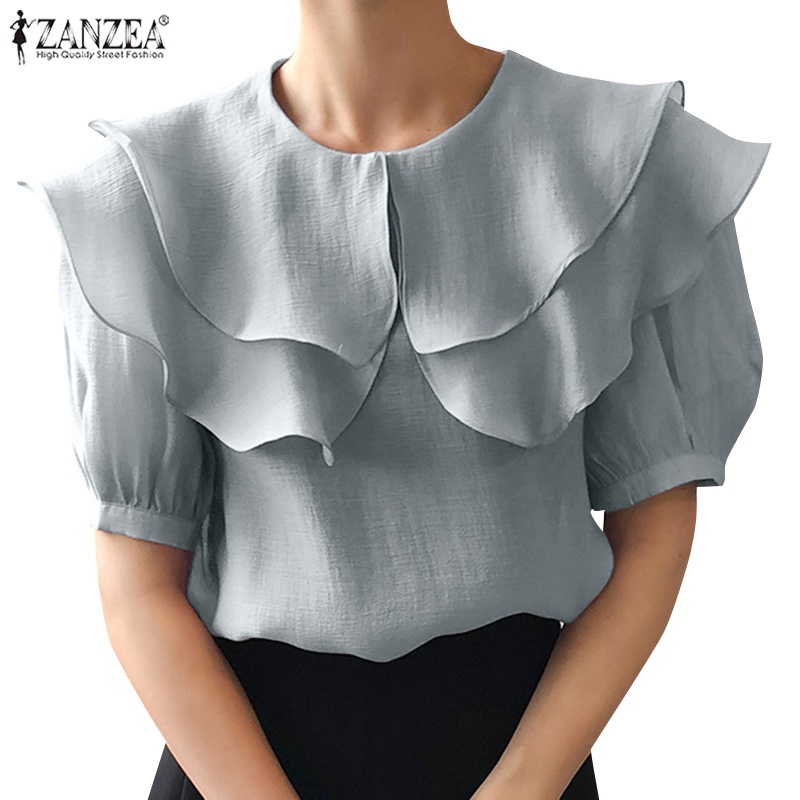 Áo sơ mi Zanzea tay ngắn dáng rộng màu trơn phong cách Hàn Quốc thời trang cho nữ