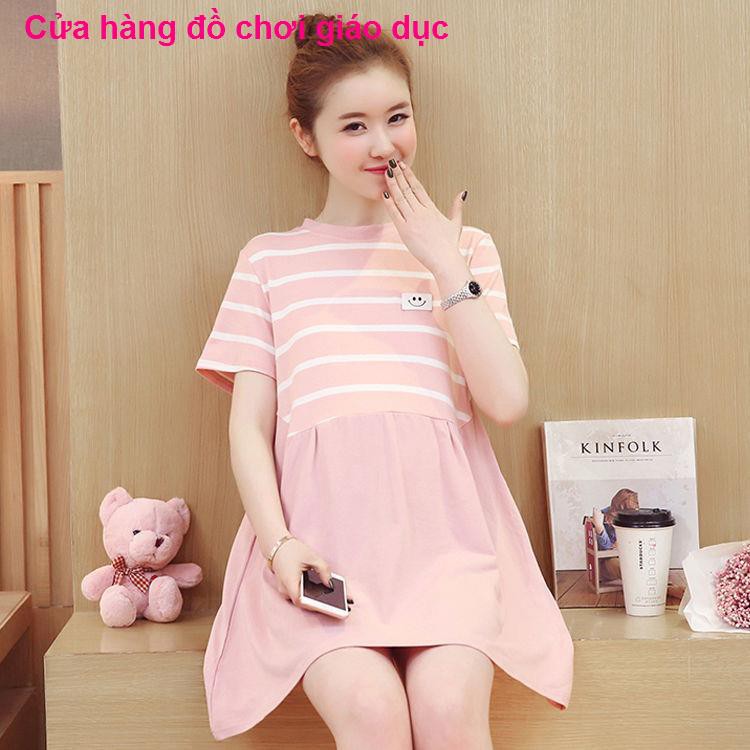 SHOP XINH Thời trang bầu mùa hè cho bà Đồ bộ sọc ngắn tay phong cách Hàn Quốc đi chơi đầm giữa hai mảnh