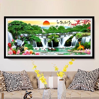Tranh Đính Đá Phong Cảnh Lưu Thủy Sinh Tài Khổ Lớn Đá ABC Cao Cấp - Kích Thước 200x90cm
