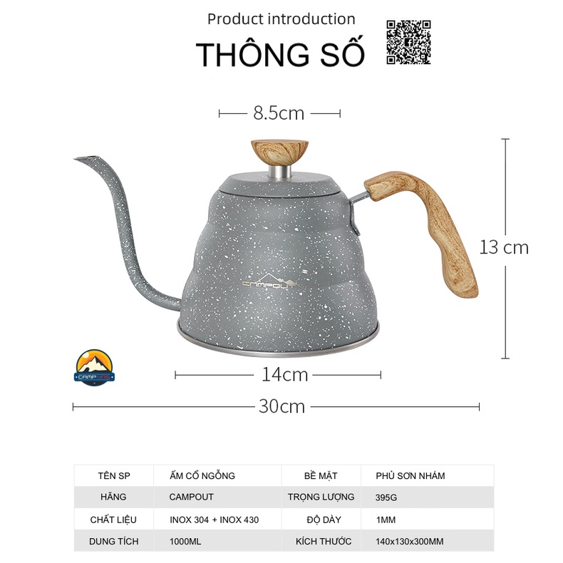 Ấm cổ ngỗng inox Nurgaz Campout  nấu được bếp từ siêu nhẹ nhanh sôi pha cà phê du lịch cắm trại dã ngoại