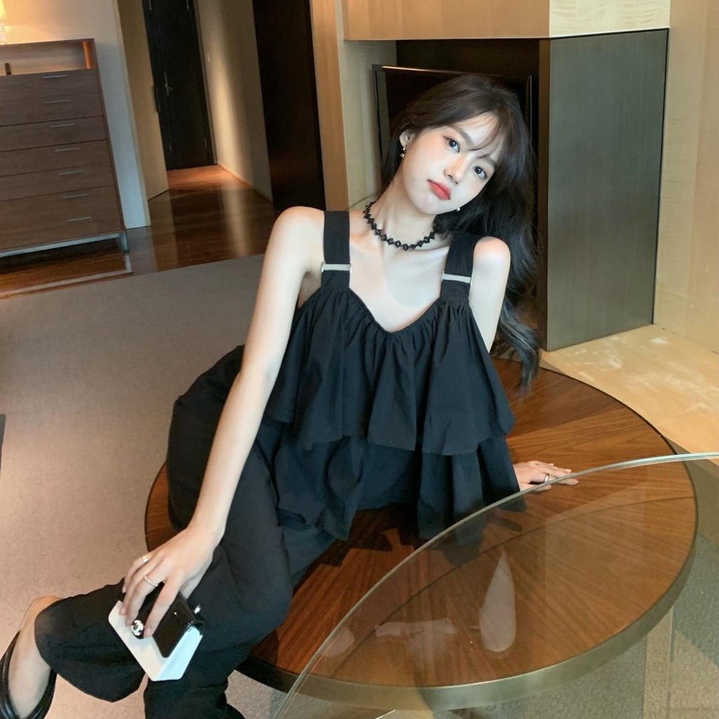 Áo 2 dây phối bèo cổ chữ U dáng ngắn cho nữ