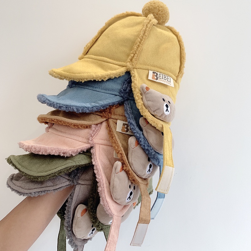 Mũ thu đông có vành bảo vệ tai cho bé 2 đến 6 tuổi họa tiết gấu xinh xắn- chất liệu da lộn A240