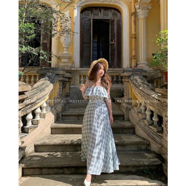 Đầm midi 2 dây caro xanh bèo đi biển có mút ngực lớp lót trong