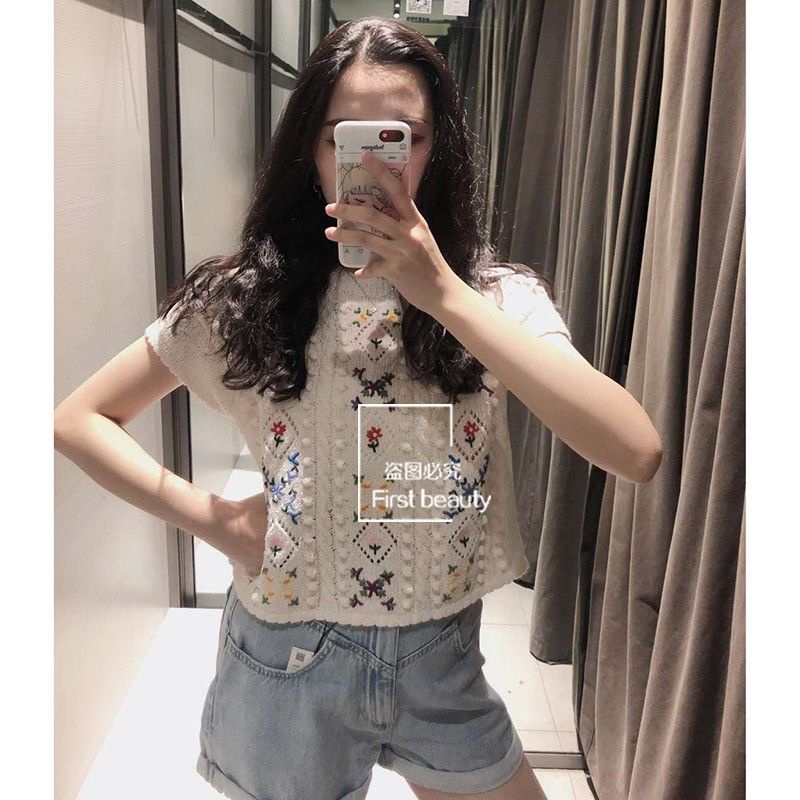 Áo ngắn dệt kim rỗng nhìn xuyên qua dáng rộng tay ngắn thêu hoa thời trang tươi tắn