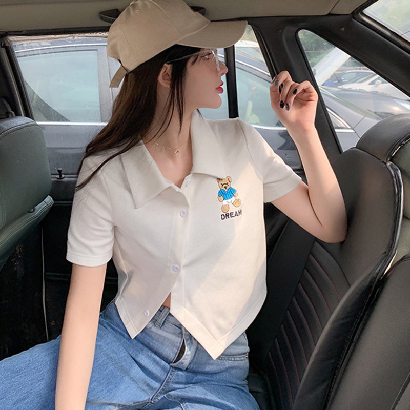Áo Croptop Tay Ngắn Dáng Ôm Thêu Hình Gấu Thời Trang Mùa Hè Quyến Rũ Dành Cho Nữ