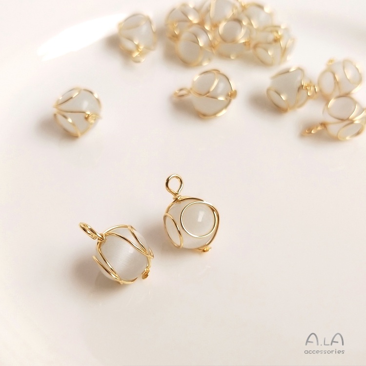 █diy゜14k●1miếng  14K bọc vàng dây đồng quanh co mèo mắt đá tròn hạt mặt dây chuyền tự làm đồ trang sức mặt dây chuyền bông tai tai treo phụ kiện