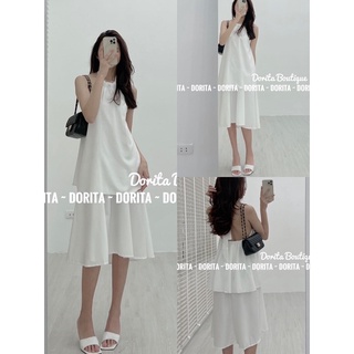 [D5]Váy trắng cổ yếm dáng dài, Đầm MIDI cổ yểm 2 tầng xinh xắn - Dorita Boutique