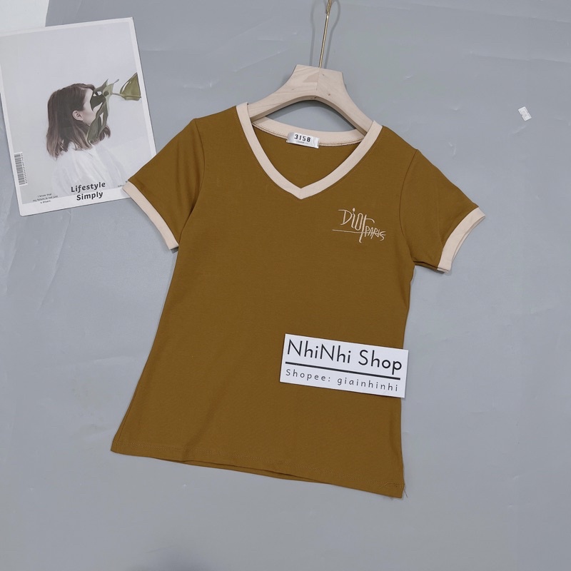 Áo thun ôm cổ tim viền thêu chữ ngực, Áo phông dáng ôm cổ tim ngắn tay AT1109 - NhiNhi Shop