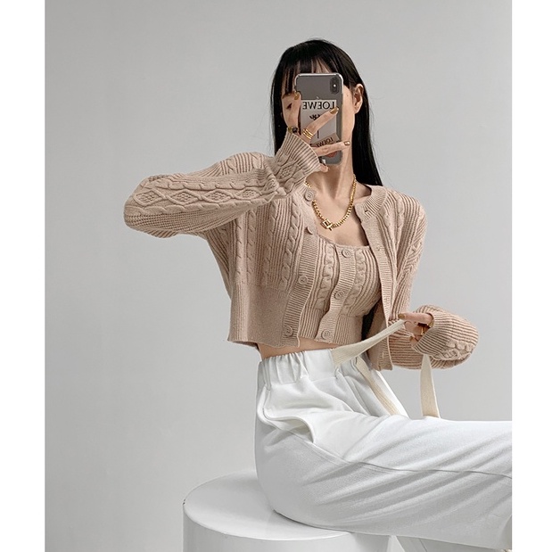 Porozi Set trang phục hai món  áo kiểu hai dây và áo khoác cardigan dệt kim phong cách Hàn Quốc thời trang dành cho nữ