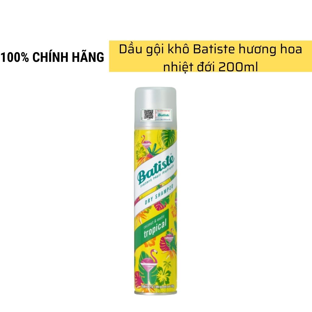 Dầu gội khô BATISTE xịt gội khô làm mềm tóc phồng mượt hương hoa nhiệt đới 200ml