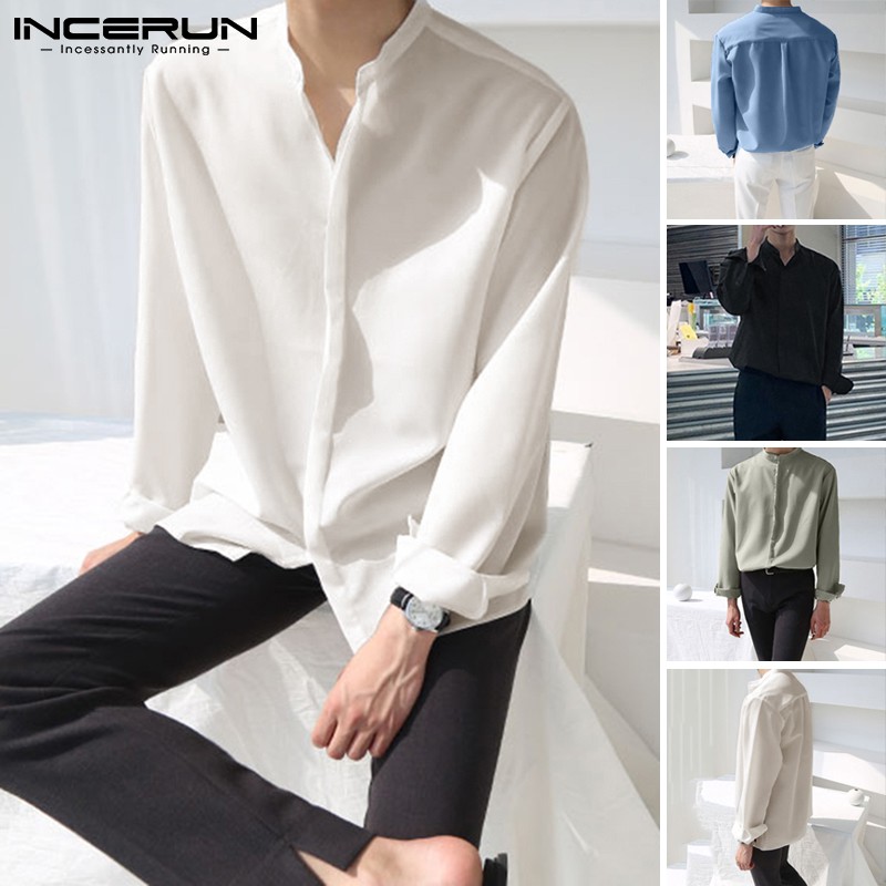 Áo Sơ Mi INCERUN Màu Trơn Tay Dài Dáng Rộng Thoáng Khí Cho Nam