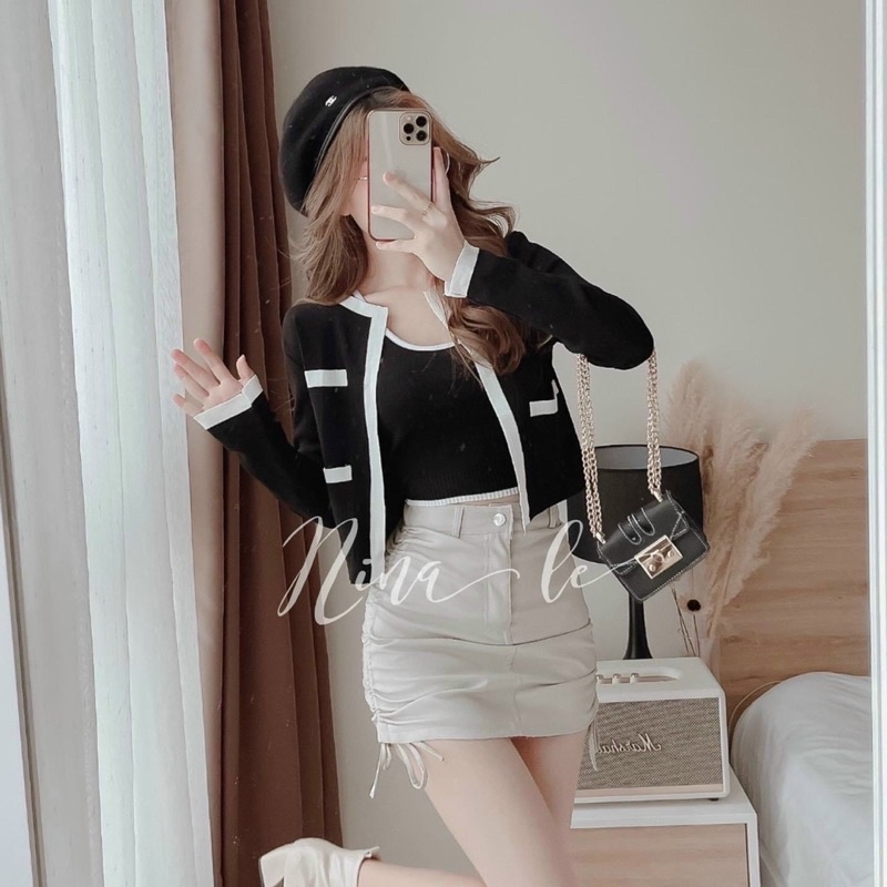 Áo len phối áo khoác viền + chân váy da rút mẫu chị Nina Lê ✨Shop Lotus✨