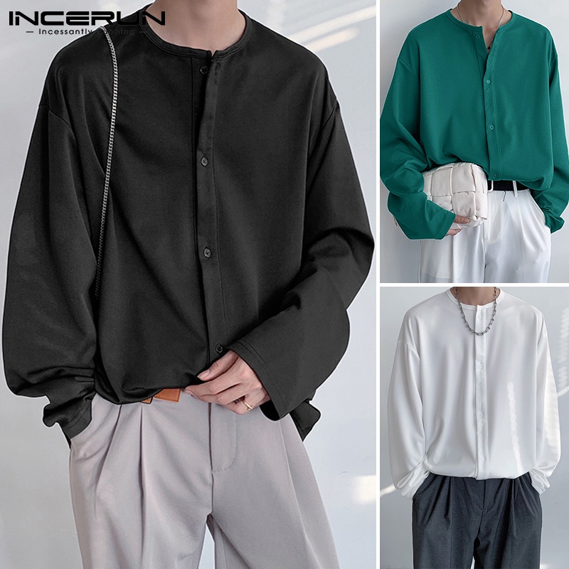 Áo sơ mi INCERUN tay dài dáng rộng thoải mái màu trơn cài khuy cho nam