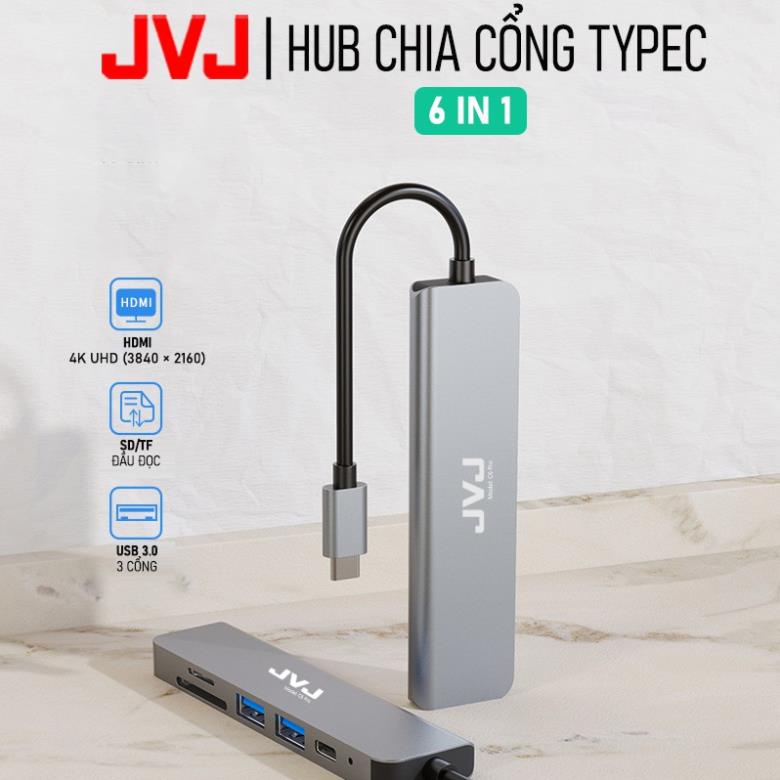 Hub type C USB C6 JVJ 6 trong 1 đa năng cổng chuyển đổi chia cổng USB 3.0 tốc độ 500Mb/s SD, TF, 4K,HDMI cho MacBook lap