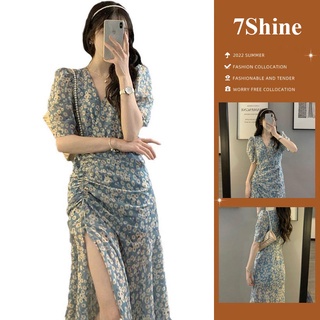 Váy hoa nhí xẻ tà váy hoa nhí vintage Hàn quốc 2021 - Đầm vintage viền bèo 2022-7shine