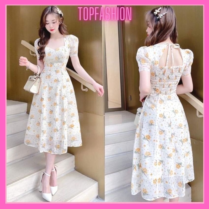 Váy hoa công chúa TOPFASHION chất liệu phối voan, Đầm thiết kế full size cao cấp