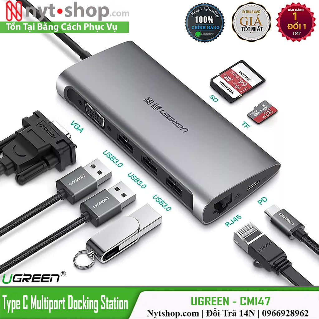 Bộ Chia USB Type-C ra VGA+Lan+USB 3.0+Card TF/SD Cao Cấp UGREEN 50539