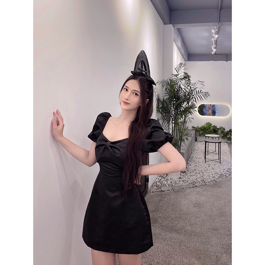 Váy tafta cổ vuông 1 nơ đen tingoan MARLENA DRESS/BL | BigBuy360 - bigbuy360.vn