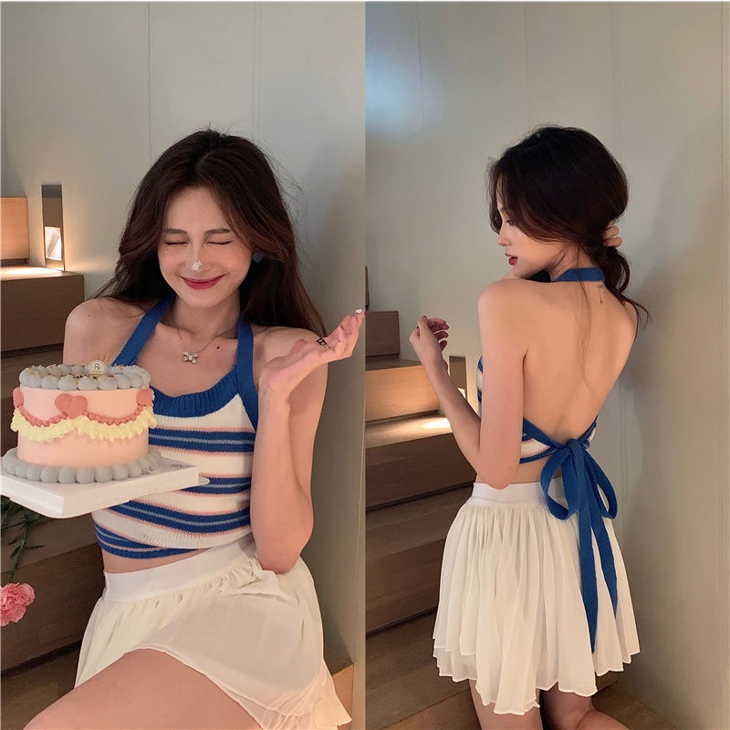 Cô Gái'S Mùa Hè Phong Cách Hàn Quốc Áo hai dây Đan Sọc Nhiều Màu