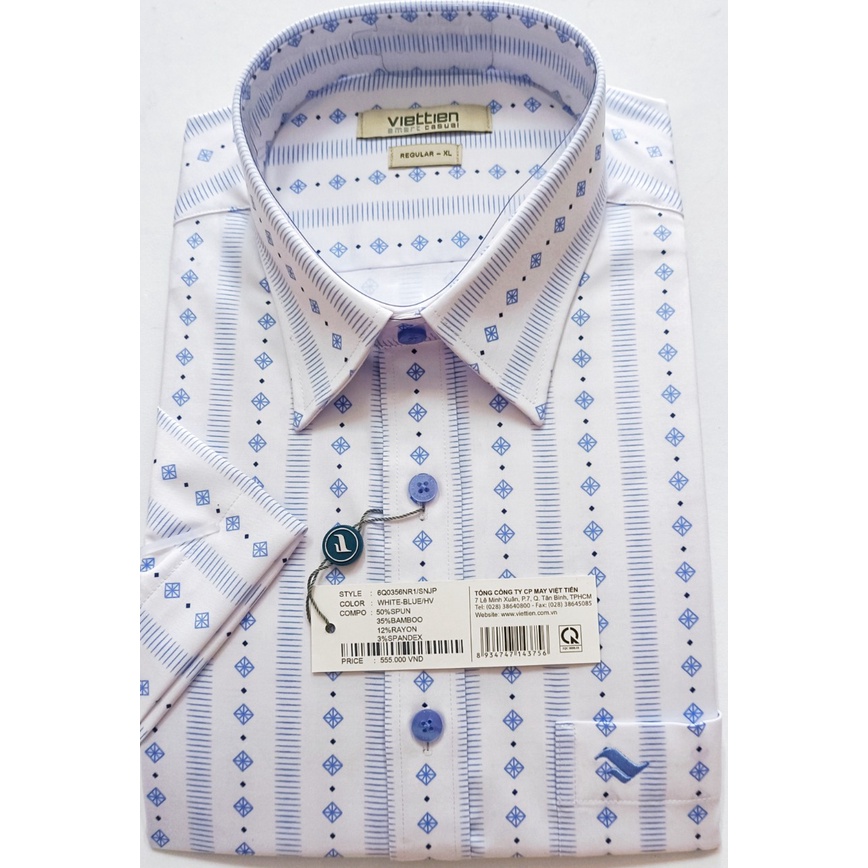 Viettien Áo sơ mi nam ngắn tay Việt Tiến Smart Casual vạt ngang, xẻ sườn sợi tre mã 6Q0356NR1/SNJP